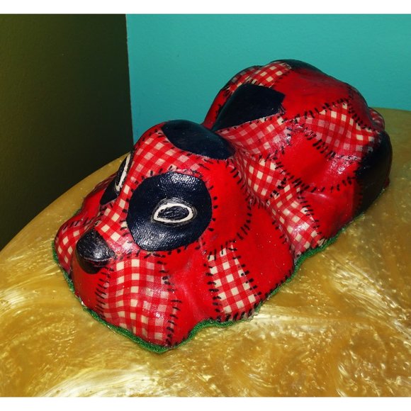 Vintage Red & Black Patchwork Dog Door Stopper decoupage - Picture 3 of 10